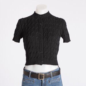 Krizia Maglia Black Cable Knit Wool Short Sleeve Cardigan Size US 4